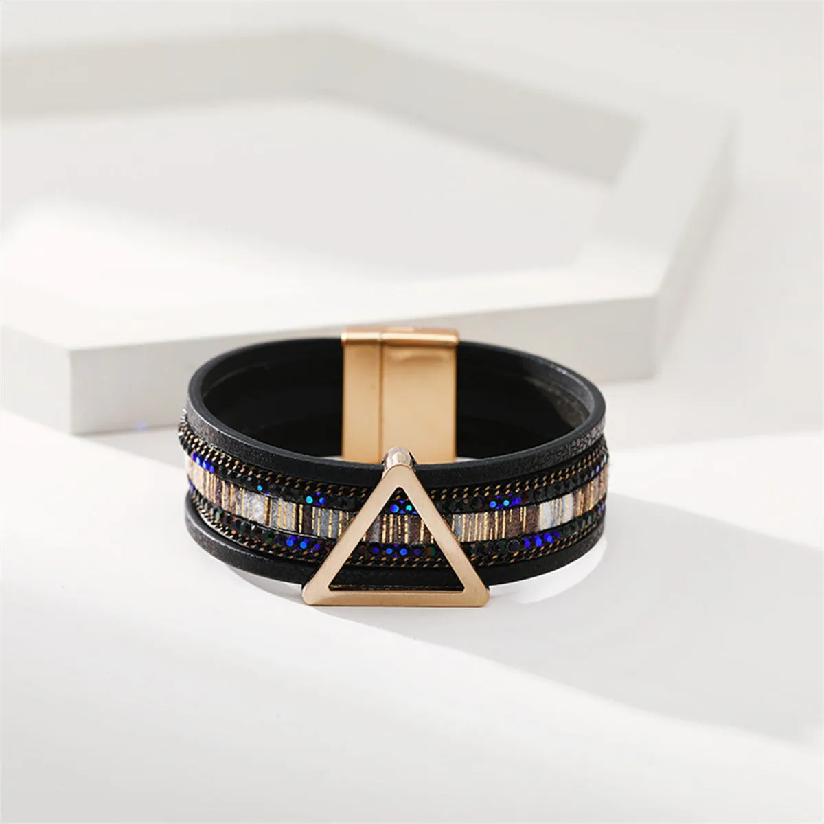 18K Gold-Plated & Black Polystyrene Triangle Layered Bracelet