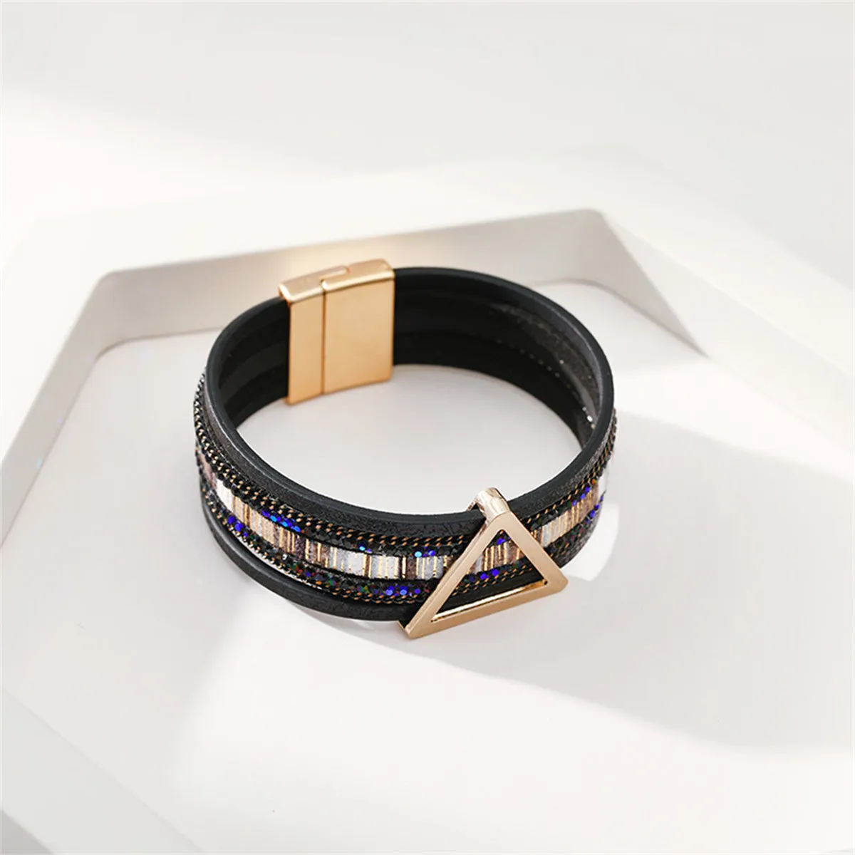 18K Gold-Plated & Black Polystyrene Triangle Layered Bracelet