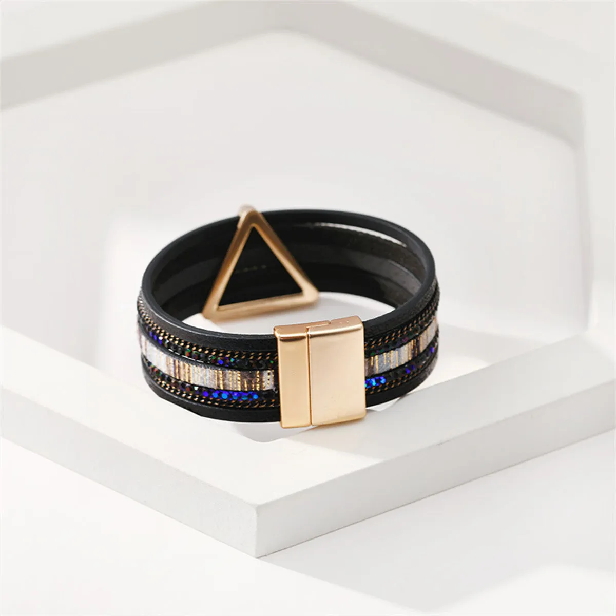 18K Gold-Plated & Black Polystyrene Triangle Layered Bracelet