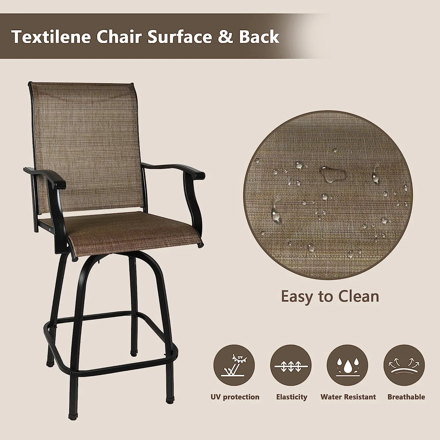 2 Pcs Outdoor  Swivel Bar Stools, Height Patio Bar Chair with High Back, Armrest & Breathable Textilene Fabric