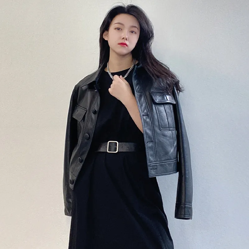 2022 New Leather Jacket For Women Spring Autumn Lady Bomber Jackets Motorcycle 100% Real Sheepskin Coats FG4032