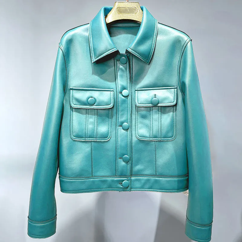 2022 New Leather Jacket For Women Spring Autumn Lady Bomber Jackets Motorcycle 100% Real Sheepskin Coats FG4032