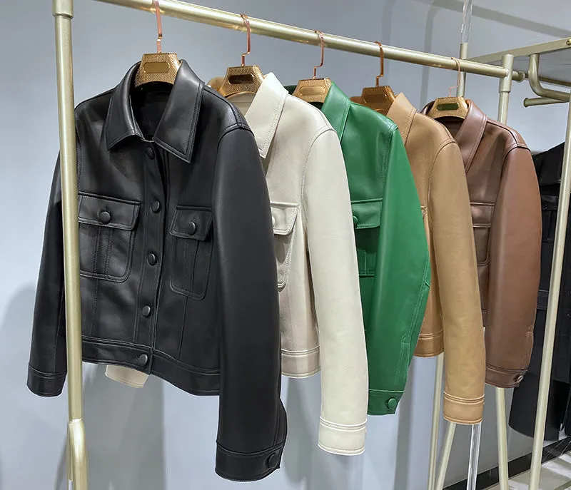2022 New Leather Jacket For Women Spring Autumn Lady Bomber Jackets Motorcycle 100% Real Sheepskin Coats FG4032