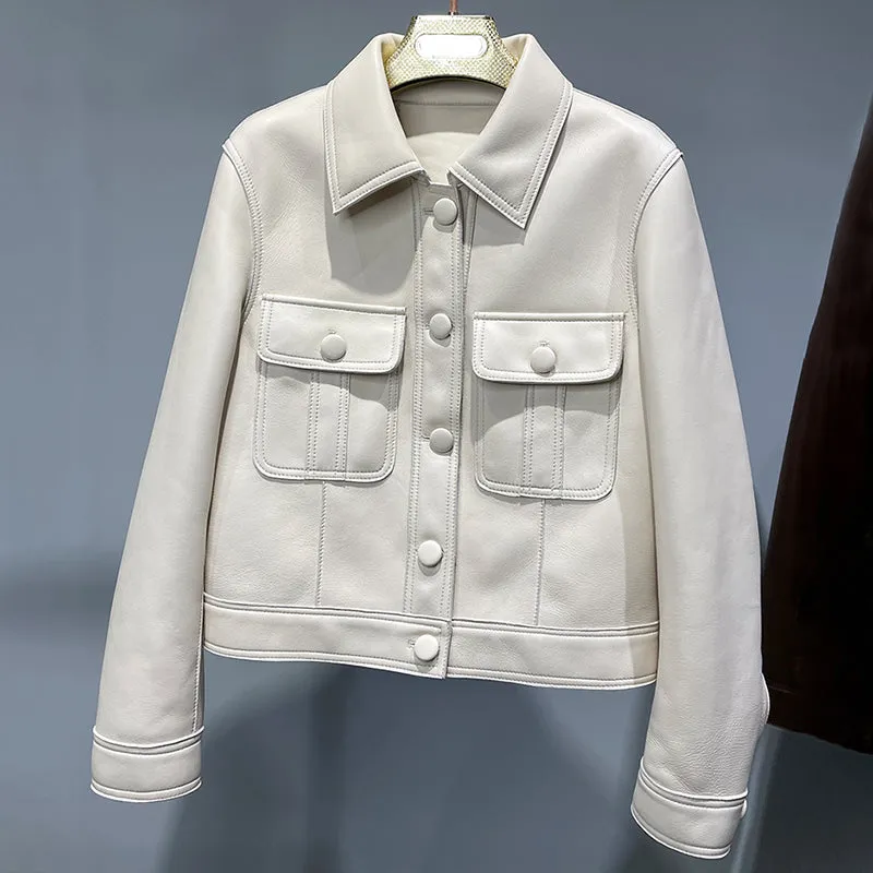 2022 New Leather Jacket For Women Spring Autumn Lady Bomber Jackets Motorcycle 100% Real Sheepskin Coats FG4032