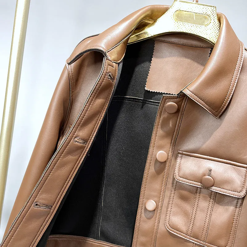 2022 New Leather Jacket For Women Spring Autumn Lady Bomber Jackets Motorcycle 100% Real Sheepskin Coats FG4032