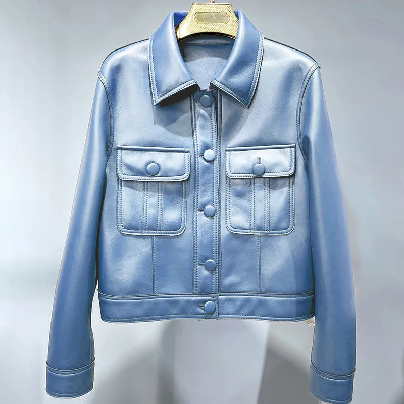 2022 New Leather Jacket For Women Spring Autumn Lady Bomber Jackets Motorcycle 100% Real Sheepskin Coats FG4032