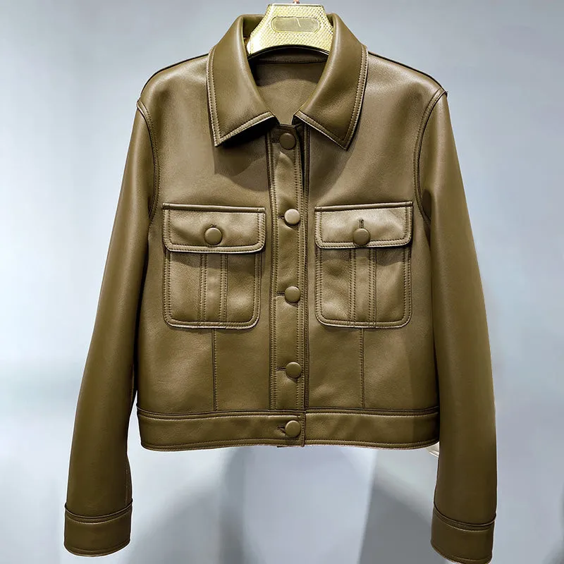 2022 New Leather Jacket For Women Spring Autumn Lady Bomber Jackets Motorcycle 100% Real Sheepskin Coats FG4032