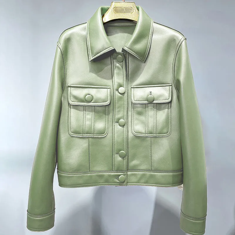 2022 New Leather Jacket For Women Spring Autumn Lady Bomber Jackets Motorcycle 100% Real Sheepskin Coats FG4032