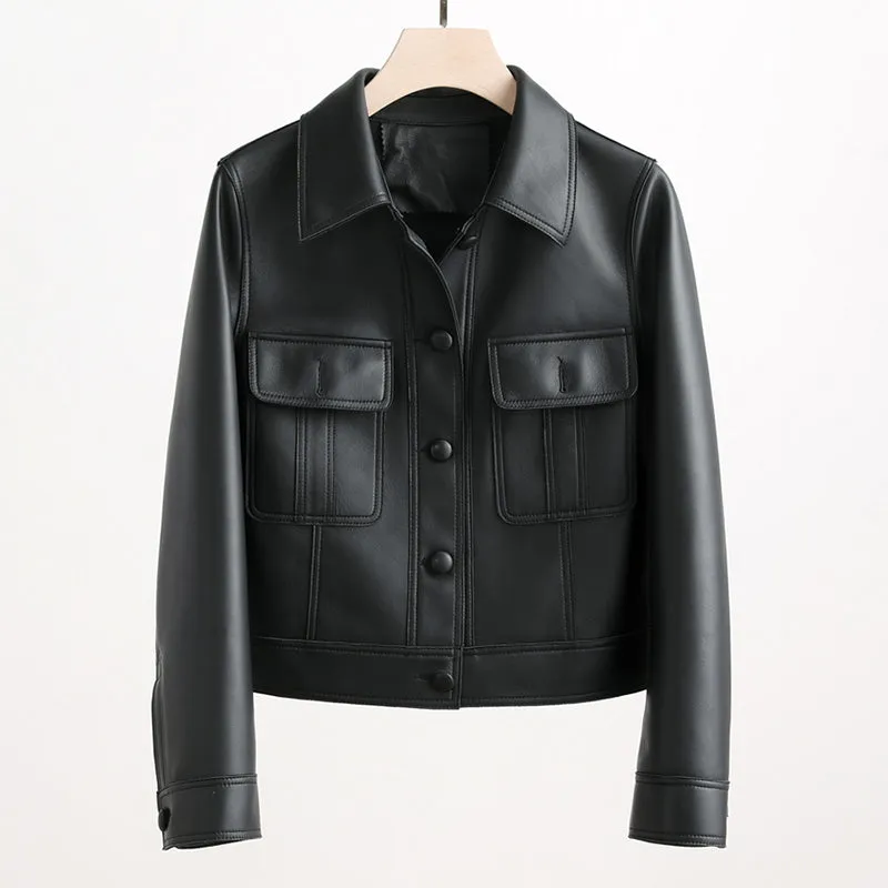2022 New Leather Jacket For Women Spring Autumn Lady Bomber Jackets Motorcycle 100% Real Sheepskin Coats FG4032