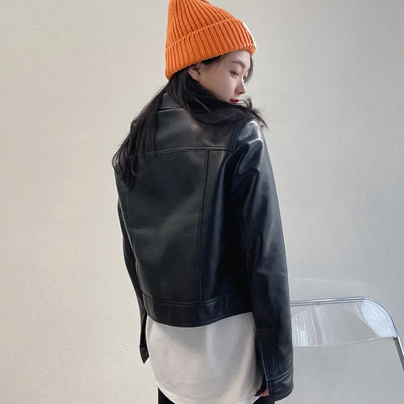 2022 New Leather Jacket For Women Spring Autumn Lady Bomber Jackets Motorcycle 100% Real Sheepskin Coats FG4032