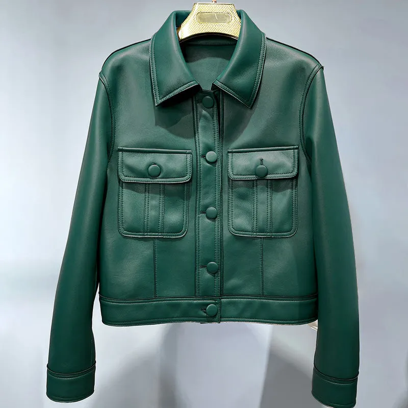 2022 New Leather Jacket For Women Spring Autumn Lady Bomber Jackets Motorcycle 100% Real Sheepskin Coats FG4032