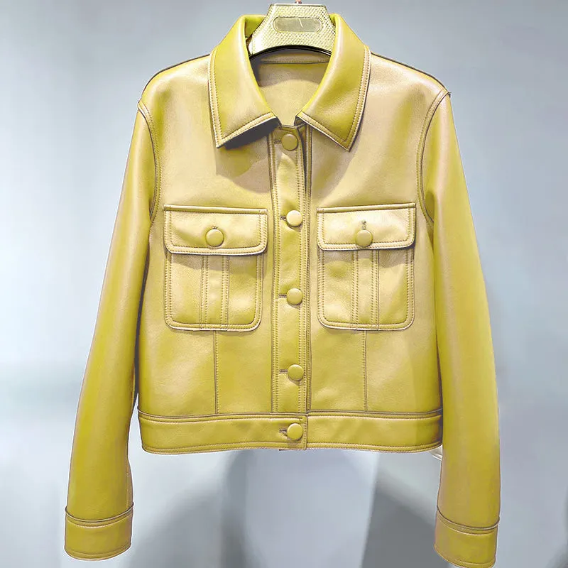 2022 New Leather Jacket For Women Spring Autumn Lady Bomber Jackets Motorcycle 100% Real Sheepskin Coats FG4032