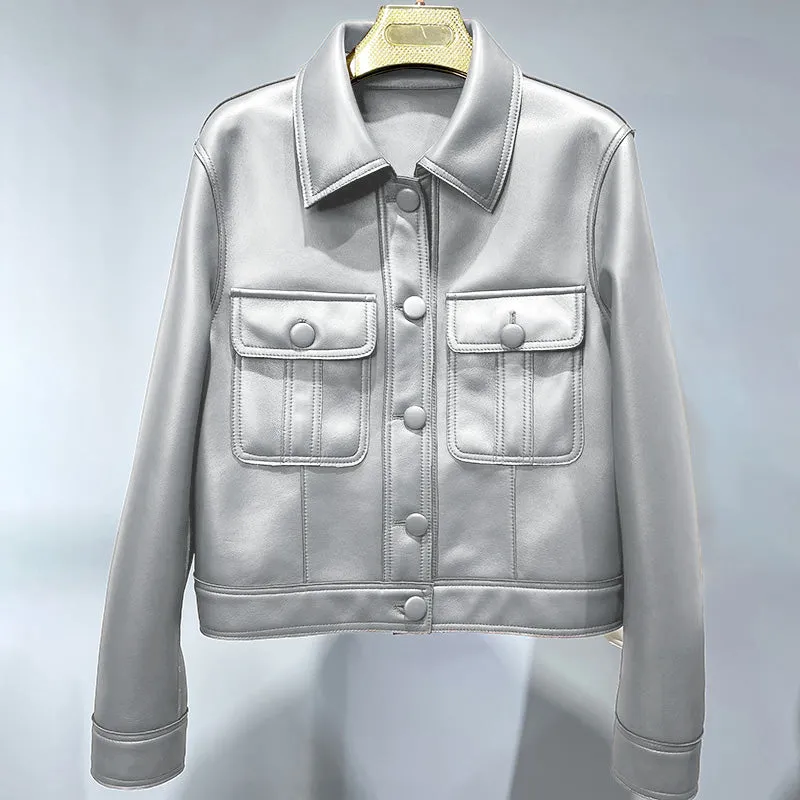 2022 New Leather Jacket For Women Spring Autumn Lady Bomber Jackets Motorcycle 100% Real Sheepskin Coats FG4032