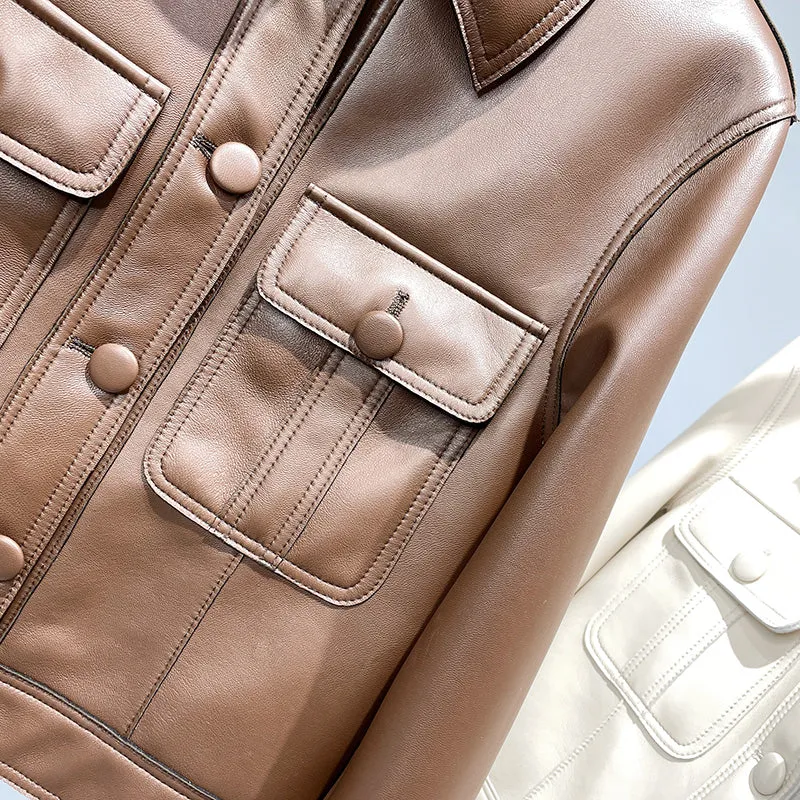 2022 New Leather Jacket For Women Spring Autumn Lady Bomber Jackets Motorcycle 100% Real Sheepskin Coats FG4032