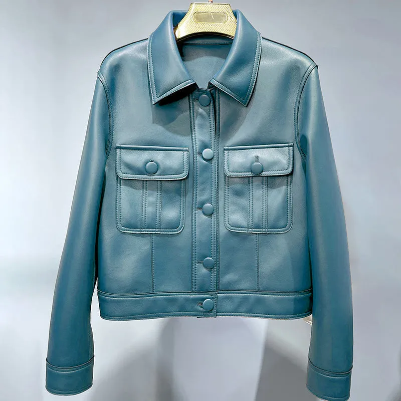 2022 New Leather Jacket For Women Spring Autumn Lady Bomber Jackets Motorcycle 100% Real Sheepskin Coats FG4032