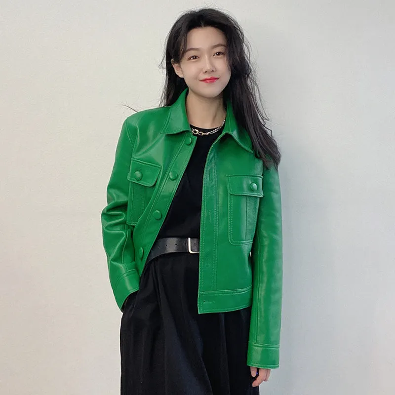 2022 New Leather Jacket For Women Spring Autumn Lady Bomber Jackets Motorcycle 100% Real Sheepskin Coats FG4032