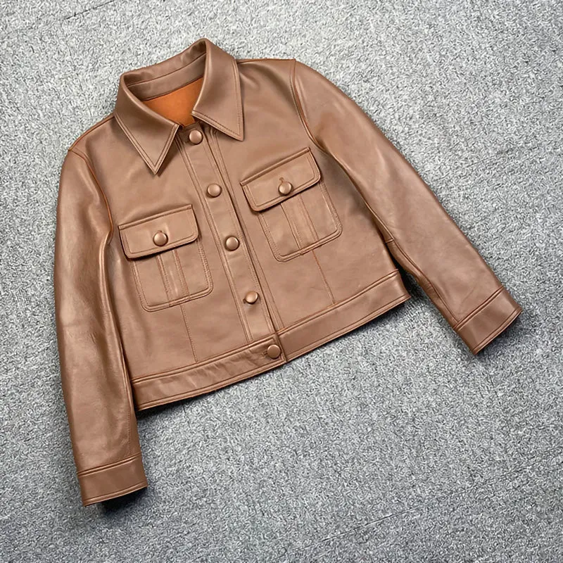 2022 New Leather Jacket For Women Spring Autumn Lady Bomber Jackets Motorcycle 100% Real Sheepskin Coats FG4032