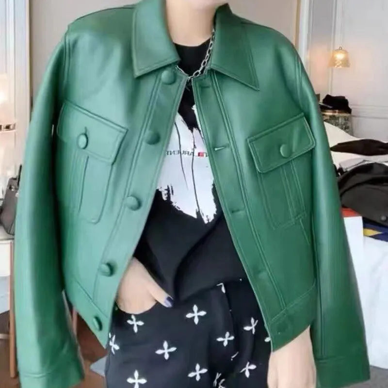 2022 New Leather Jacket For Women Spring Autumn Lady Bomber Jackets Motorcycle 100% Real Sheepskin Coats FG4032