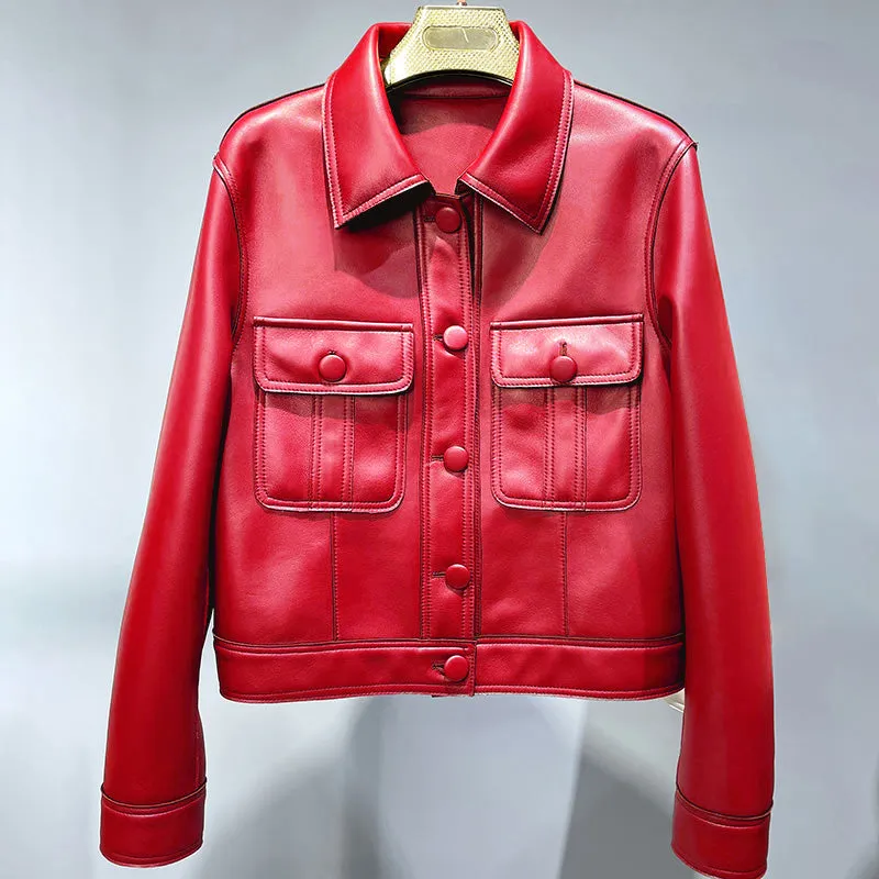 2022 New Leather Jacket For Women Spring Autumn Lady Bomber Jackets Motorcycle 100% Real Sheepskin Coats FG4032