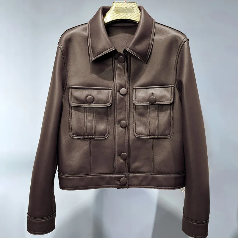 2022 New Leather Jacket For Women Spring Autumn Lady Bomber Jackets Motorcycle 100% Real Sheepskin Coats FG4032