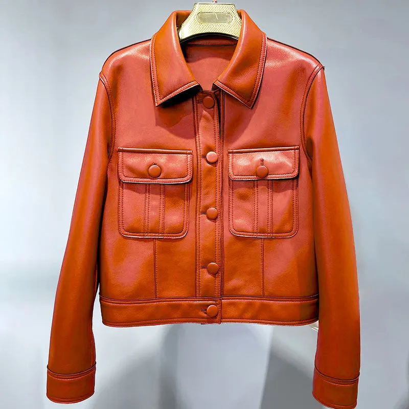 2022 New Leather Jacket For Women Spring Autumn Lady Bomber Jackets Motorcycle 100% Real Sheepskin Coats FG4032