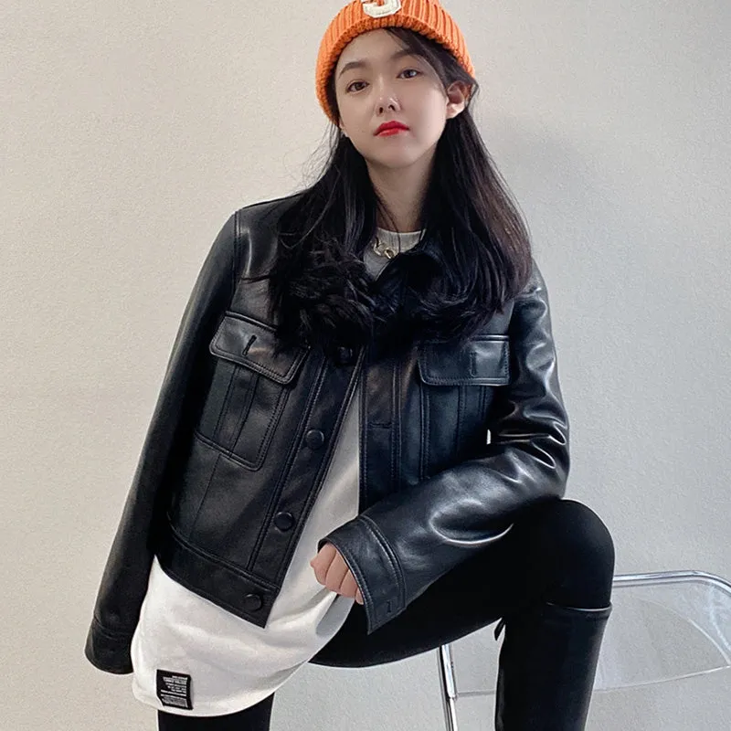 2022 New Leather Jacket For Women Spring Autumn Lady Bomber Jackets Motorcycle 100% Real Sheepskin Coats FG4032