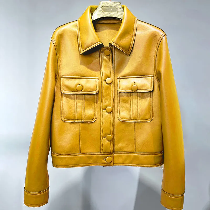 2022 New Leather Jacket For Women Spring Autumn Lady Bomber Jackets Motorcycle 100% Real Sheepskin Coats FG4032