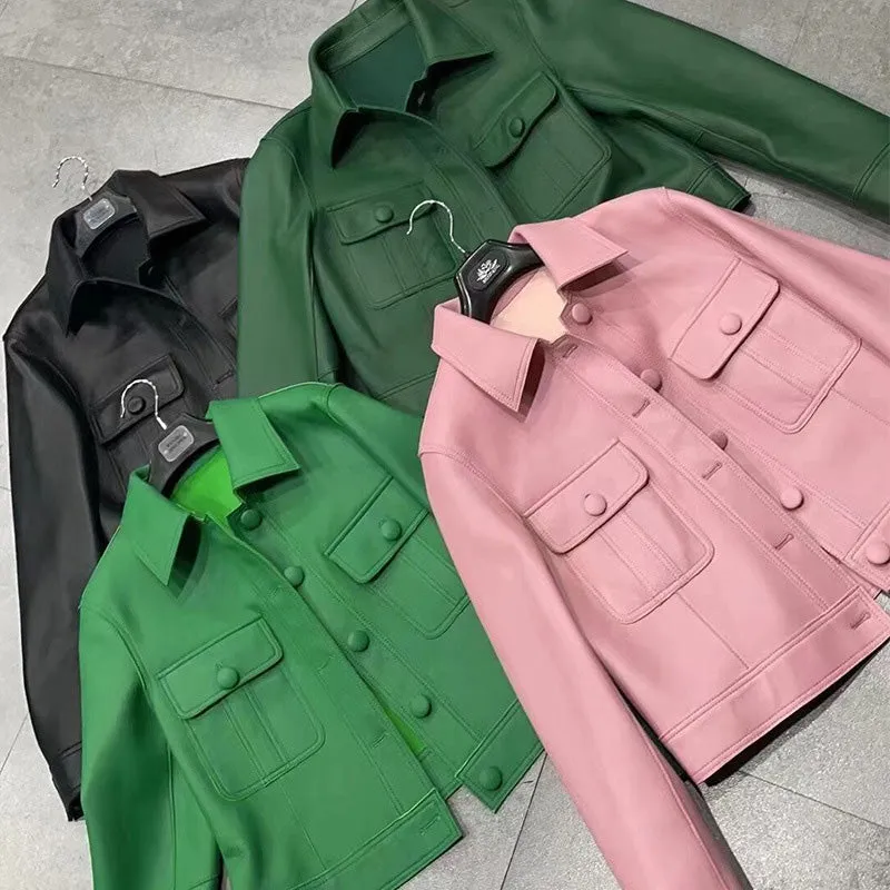 2022 New Leather Jacket For Women Spring Autumn Lady Bomber Jackets Motorcycle 100% Real Sheepskin Coats FG4032