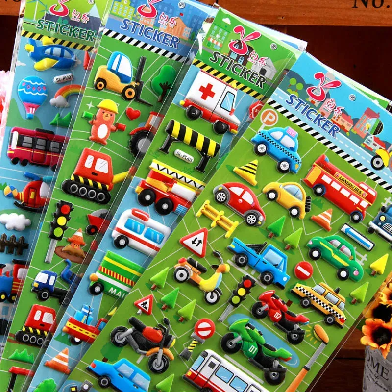 6 Sheets 3D Bubble Sticker Car Truck Plane Traffic Dinosaur Waterproof Cartoon Anime Stickers For Girl Boy Kids Funny Educational Toys