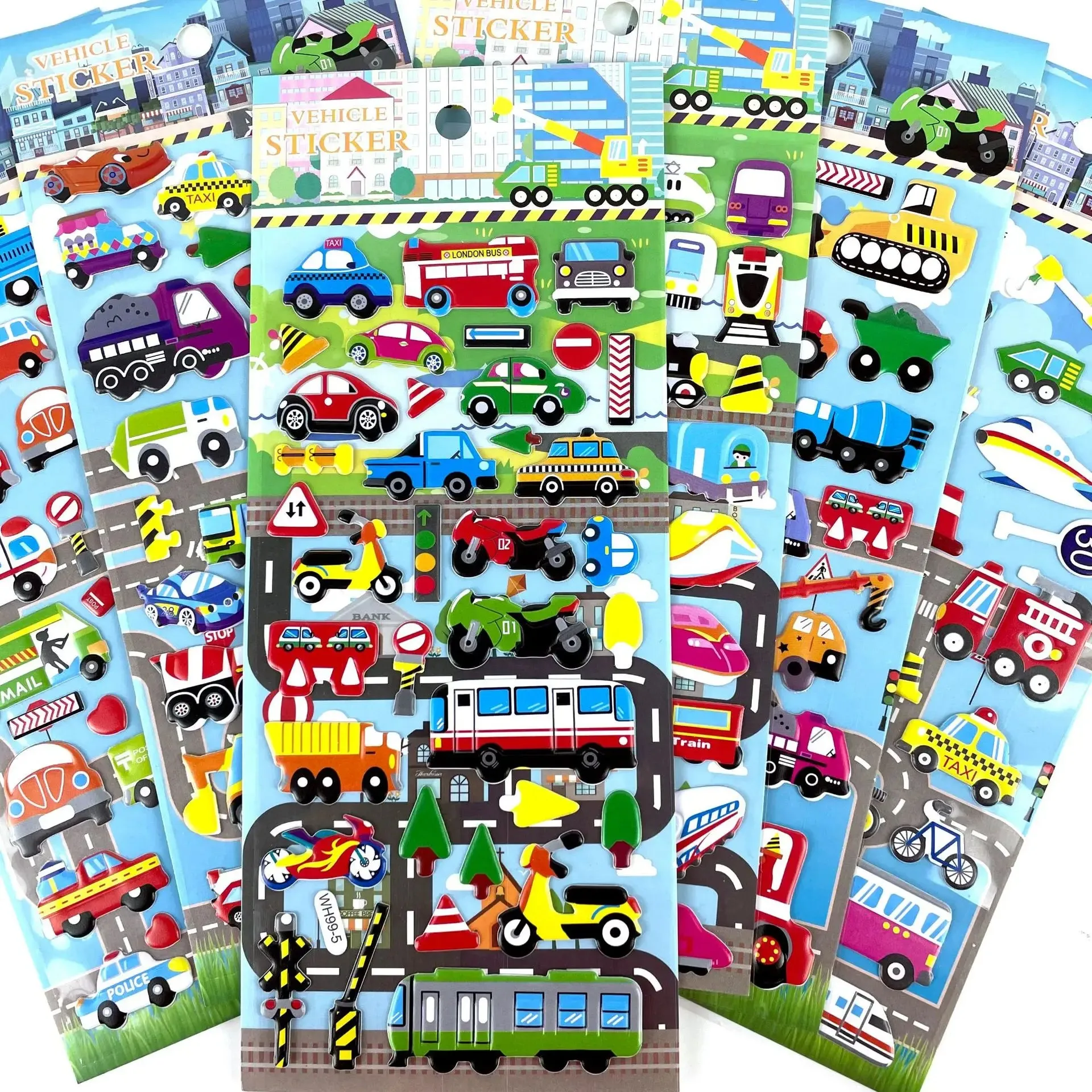 6 Sheets 3D Bubble Sticker Car Truck Plane Traffic Dinosaur Waterproof Cartoon Anime Stickers For Girl Boy Kids Funny Educational Toys