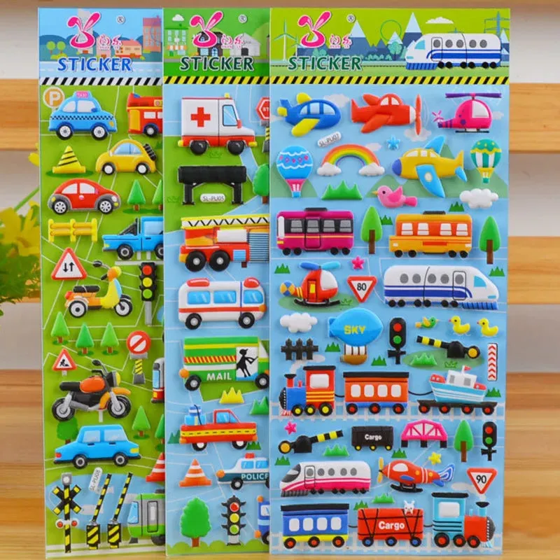 6 Sheets 3D Bubble Sticker Car Truck Plane Traffic Dinosaur Waterproof Cartoon Anime Stickers For Girl Boy Kids Funny Educational Toys