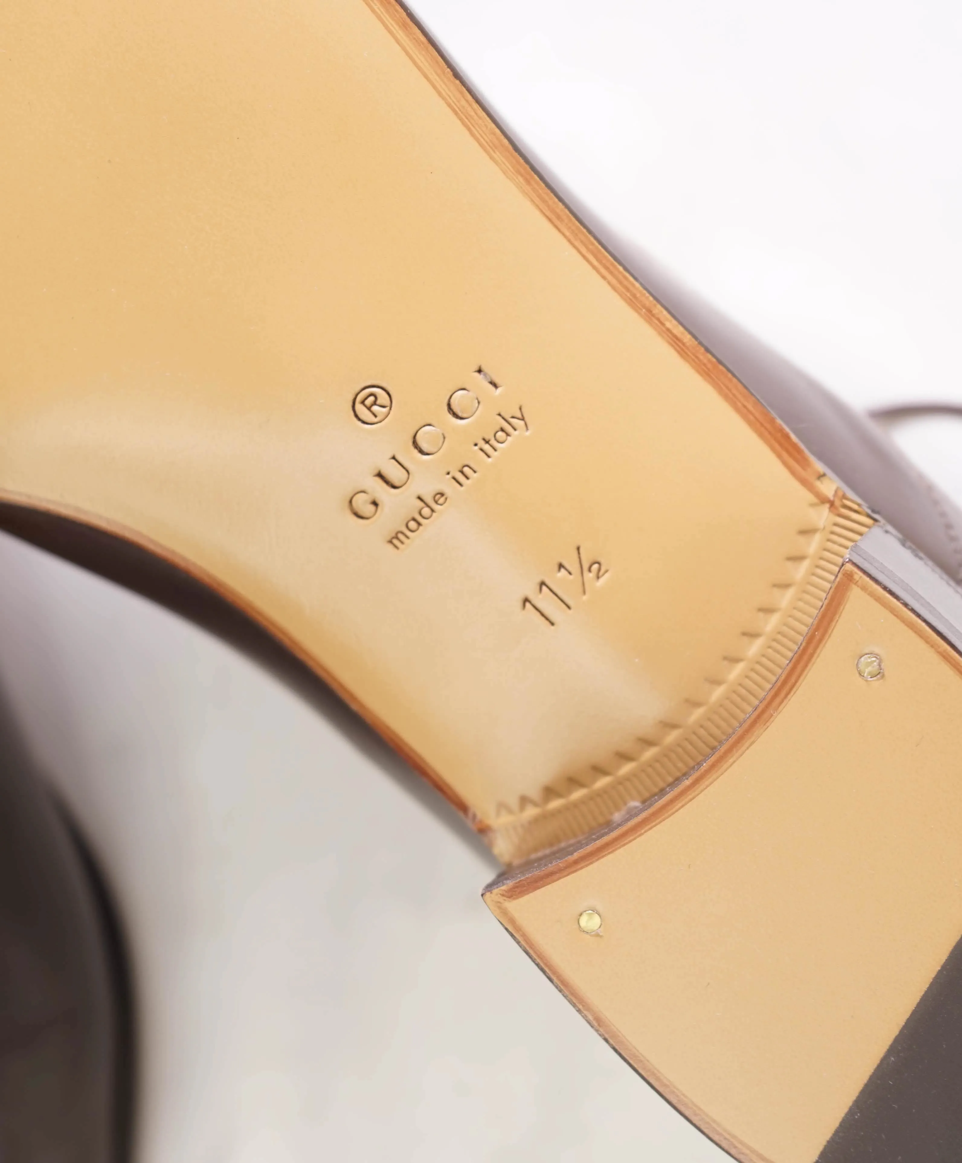 $920 GUCCI - "ADEL" Brown Mixed Leather Suede Logo Heel Oxford - 12US (11.5G)