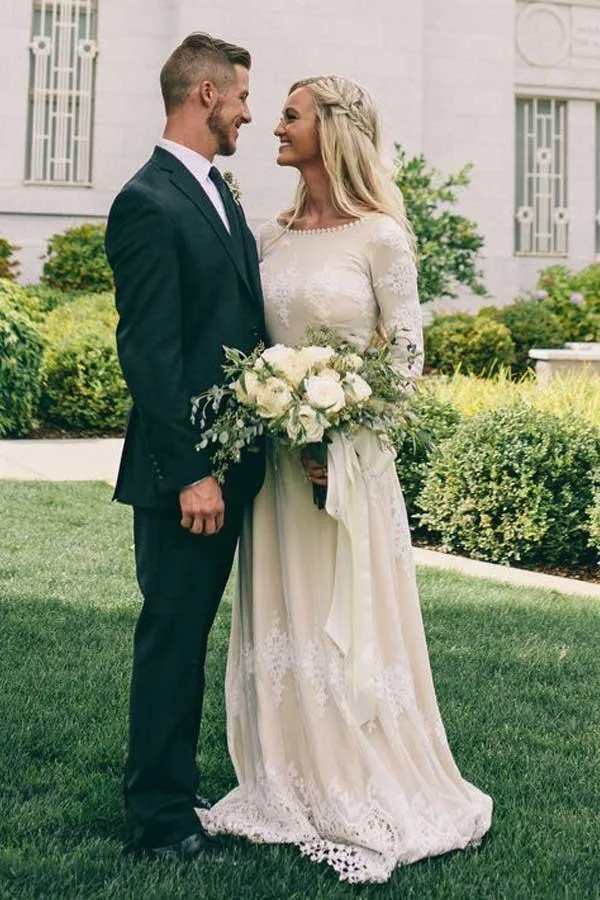 A-Line Bateau Long Sleeves Ivory Tulle Wedding Dress with Appliques  WD399