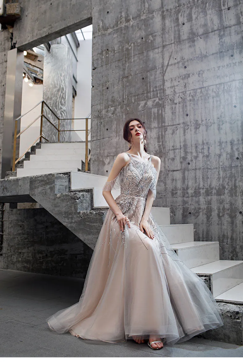 A-line Beaded Long Tulle Lace Up Back Prom Dress OKT25