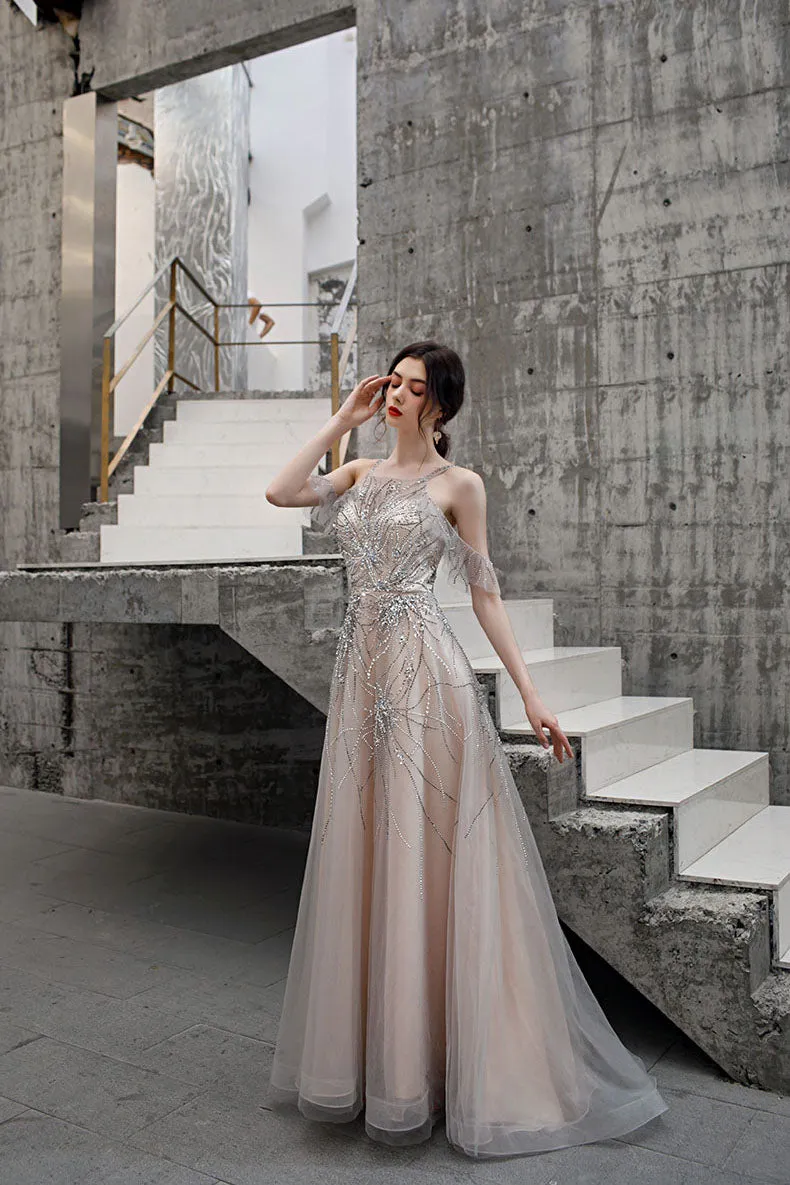 A-line Beaded Long Tulle Lace Up Back Prom Dress OKT25