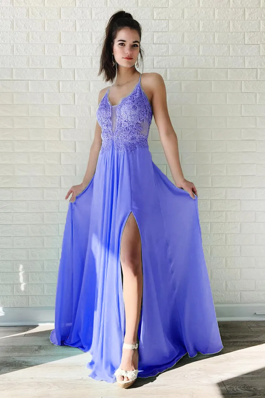 A Line Chiffon Long Split Prom Dresses, Cheap Lace Up Back Evening Dresses OKJ52