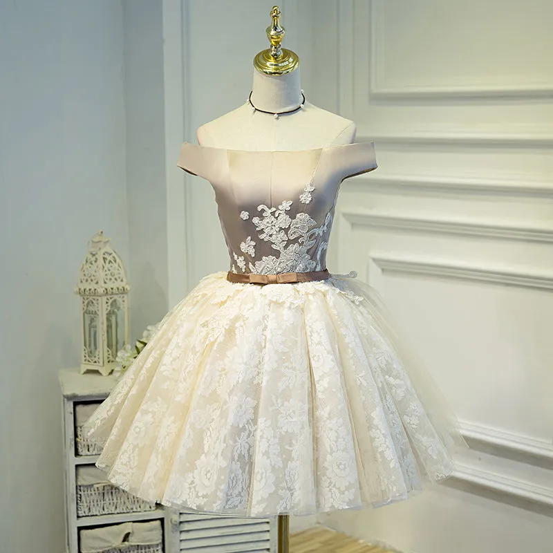 A Line Lace Appliques Off the Shoulder Homecoming Dress, Short Prom Dress OKN70