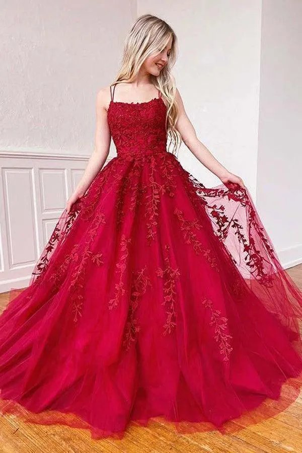 A-line Round Neck Tulle Lace Prom Dresses Formal Dresses  PSK032