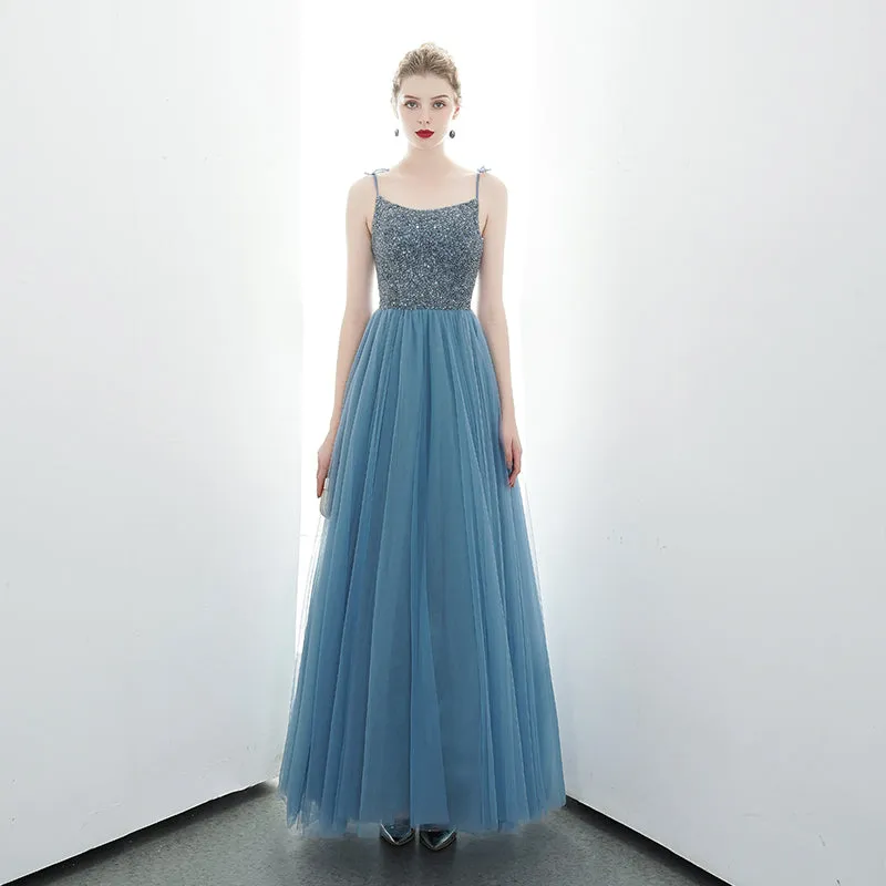 A-line Spaghetti Straps Blue Lace Up Back Beading Tulle Long Prom Dress OKR84