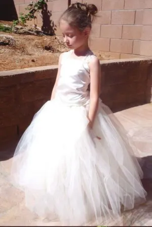 A-Line Square Lace-Up Tulle Ball Gown Long Flower Girl Dresses OKC50