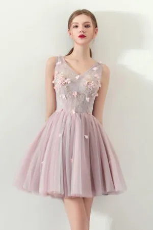 A-Line V Neck Flowers Short Homecoming Dresses,Graduation Dress OKC62
