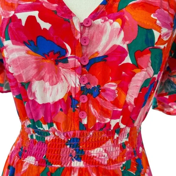 Abel The Label Hi-Low Floral Hibiscus Flutter Sleeve V-Neck Ruffle Hem Dress S