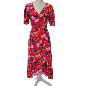 Abel The Label Hi-Low Floral Hibiscus Flutter Sleeve V-Neck Ruffle Hem Dress S