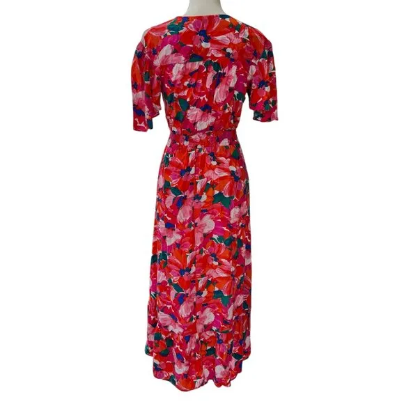 Abel The Label Hi-Low Floral Hibiscus Flutter Sleeve V-Neck Ruffle Hem Dress S