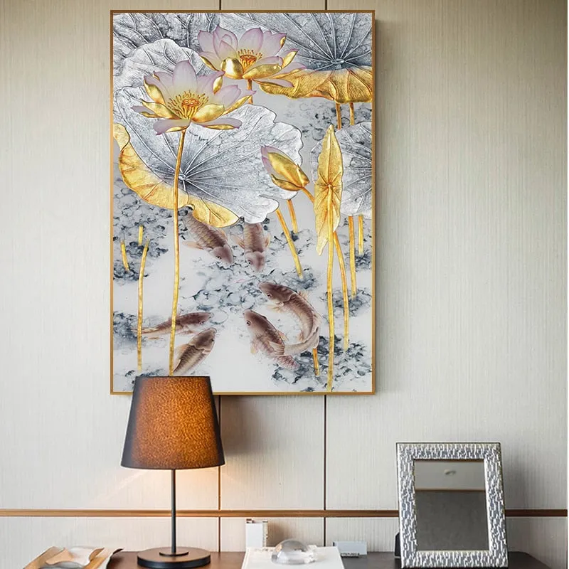 Abstract Gold Lotus Fishes Wall Art