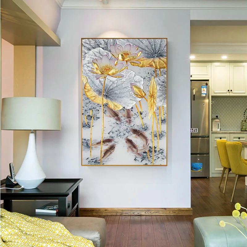 Abstract Gold Lotus Fishes Wall Art
