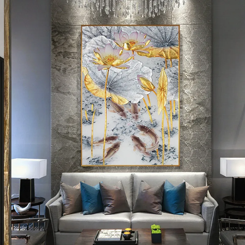 Abstract Gold Lotus Fishes Wall Art