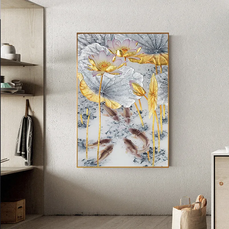 Abstract Gold Lotus Fishes Wall Art