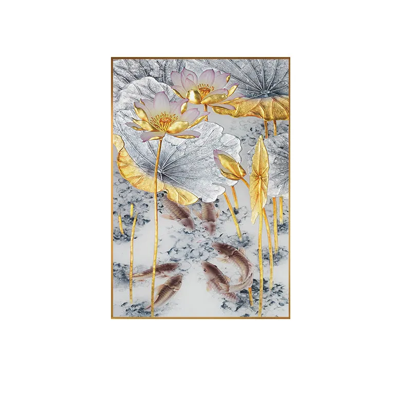 Abstract Gold Lotus Fishes Wall Art