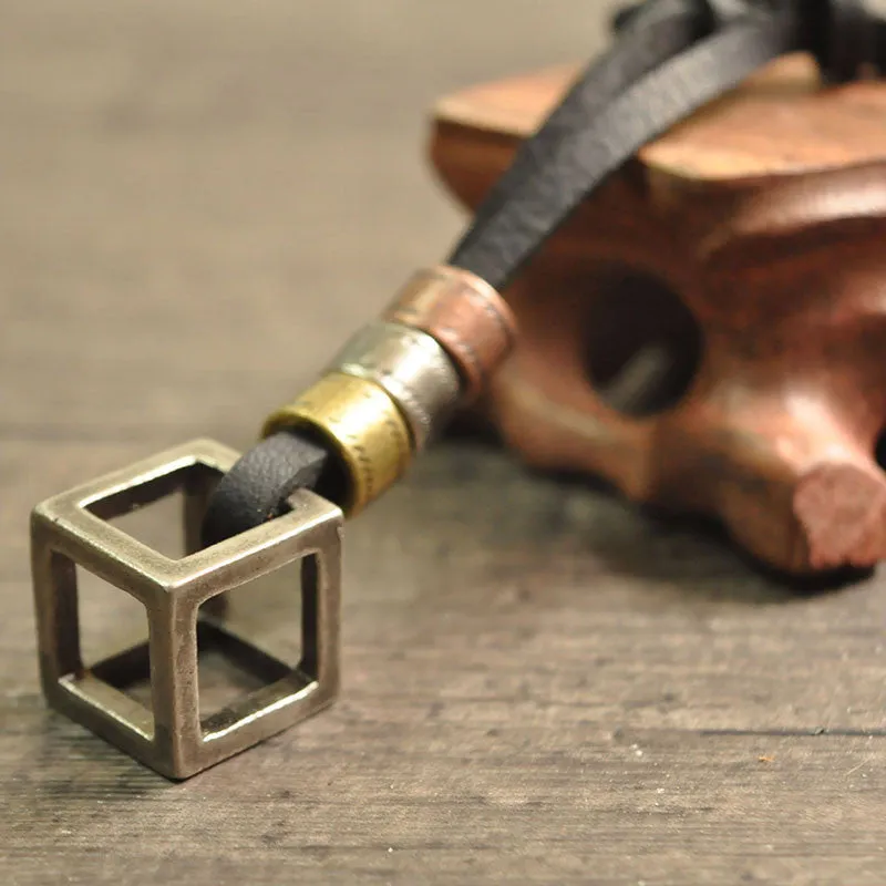 Adjustable Leather Cube Pendant Charm Necklace